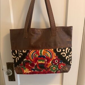 Bohemian Embroidered Brown leather trim large Tote Bag